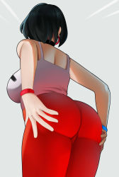 Rule 34 | 1girl, absurdres, ass, ass focus, back, black hair, bracelet, breasts, choker, commentary, earrings, english commentary, evie (fortnite), fortnite, from behind, from below, hands on own ass, highres, hoop earrings, jewelry, large breasts, pants, postblue98, red pants, short hair, solo, tank top, tight clothes, tight pants