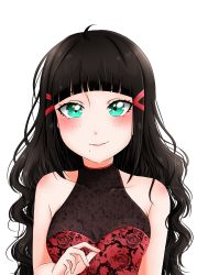 Rule 34 | 1girl, aqua eyes, artist name, artist request, black hair, blush, breasts, collarbone, dress, female focus, flower print, green eyes, hair ornament, hairclip, highres, kurosawa dia, long hair, looking at viewer, love live!, love live! sunshine!!, medium breasts, mole, mole under mouth, nonoberry22, parted lips, red dress, smile, solo, upper body, white background
