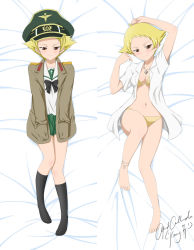 Rule 34 | 10s, 1girl, anklet, arms up, artist name, barefoot, black legwear, blonde hair, blush, bow, bow bra, bra, breasts, brown eyes, cleavage, dakimakura (medium), dress shirt, erwin (girls und panzer), female focus, full body, girls und panzer, green skirt, hands in pockets, hat, highres, jacket, jewelry, kimmy77, looking at viewer, lying, military, military uniform, miniskirt, multiple views, no headwear, no headwear, no pants, no shoes, on back, ooarai school uniform, open clothes, open shirt, panties, peaked cap, pleated skirt, school uniform, serafuku, shirt, short hair, signature, skirt, smile, socks, underwear, uniform, white shirt, yellow background, yellow panties