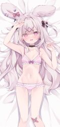 1girl animal_ears arm_up bandaid bandaid_on_knee bandaid_on_leg bare_arms bare_shoulders bed_sheet black_bow black_collar blush bow bow_panties bra breasts collar collarbone crossed_bandaids dakimakura_(medium) ear_piercing extra_ears eyes_visible_through_hair feet_out_of_frame frilled_bra frilled_panties frills grey_hair hair_bow hair_ornament hairclip hand_up highres hoshi_(snacherubi) long_hair navel open_mouth original panties piercing pink_bow pink_bra pink_eyes pink_panties rabbit_ears rabbit_hair_ornament ribbon-trimmed_bra ribbon_trim small_breasts solo two_side_up underwear underwear_only very_long_hair wavy_mouth x_hair_ornament