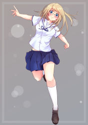 Rule 34 | 1girl, blonde hair, blue eyes, blush, full body, glasses, loafers, long hair, looking at viewer, mojake, original, school uniform, shoes, smile, solo