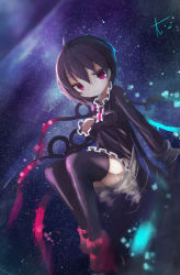 Rule 34 | 1girl, ahoge, black dress, black hair, black thighhighs, bow, chii (tsumami tsumamare), closed mouth, dress, footwear bow, full body, houjuu nue, light smile, long sleeves, looking at viewer, partially submerged, pink eyes, red bow, red footwear, shoes, short hair, sitting, sky, solo, star (sky), starry sky, thighhighs, touhou, wings