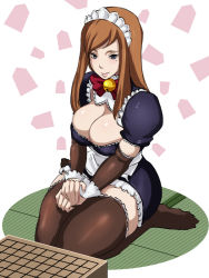 Rule 34 | 1girl, 81diver, board game, breasts, brown hair, butcha-u, cleavage, curvy, go (board game), kneeling, large breasts, maid, maid headdress, mole, mole under eye, mole under mouth, shogi, solo, table, thick thighs, thighhighs, thighs, ukeshi