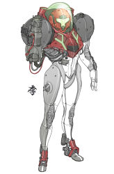 Rule 34 | 1girl, absurdres, adapted costume, arm at side, arm cannon, armor, cable, cyberpunk, full armor, full body, helmet, highres, looking at viewer, metroid, nintendo, obokhan, power armor, samus aran, science fiction, shoulder armor, solo, tube, weapon, white background