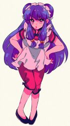 Rule 34 | 1girl, apron, bell, breasts, chinese clothes, commentary request, double bun, frilled hairband, frills, full body, hair bell, hair bun, hair ornament, hairband, hands on own hips, highres, leaning forward, long hair, looking at viewer, medium breasts, open mouth, pink eyes, purple hair, ranma 1/2, rumic 0620, shampoo (ranma 1/2), short sleeves, sidelocks, simple background, single blush sticker, slippers, solo