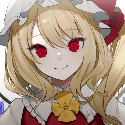 Rule 34 | 1girl, bad id, bad twitter id, blonde hair, bow, commentary request, crying, daimaou ruaeru, flandre scarlet, hat, hat bow, highres, long hair, looking at viewer, mob cap, red bow, red eyes, red vest, romaji commentary, shirt, side ponytail, simple background, slit pupils, smile, solo, touhou, upper body, vest, white background, white hat, white shirt, wings, yellow neckwear