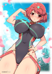 Rule 34 | 1girl, black one-piece swimsuit, blush, breasts, competition swimsuit, covered erect nipples, cowboy shot, day, from below, gluteal fold, hand on own hip, highres, huge breasts, looking at viewer, nintendo, one-piece swimsuit, outdoors, petals, pyra (pro swimmer) (xenoblade), pyra (xenoblade), red eyes, red hair, short hair, solo, swimsuit, tiara, virus-g, xenoblade chronicles (series), xenoblade chronicles 2