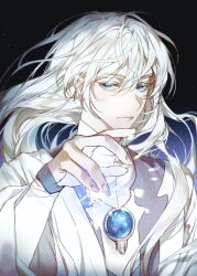 Rule 34 | 1boy, black background, blue background, blue eyes, blue gemstone, brooch, cardcaptor sakura, closed mouth, colored eyelashes, ea ateu, expressionless, gem, glowing, gradient background, hair between eyes, hand up, highres, jewelry, layered sleeves, long hair, long sleeves, looking at viewer, magic, male focus, robe, solo, upper body, white hair, white robe, wide sleeves, yue (cardcaptor sakura)