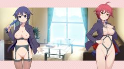 Rule 34 | 2girls, ahoge, akira-kun to yuu-kun-de, asobou!, blue eyes, blue hair, blush, breasts, closed mouth, couch, dildo, garter belt, garter straps, gluteal fold, groin, hand on own hip, hand on own chest, holding, indoors, jacket, large breasts, legs, lingerie, looking at viewer, maruto!, multiple girls, navel, nipples, no pussy, o-ring, red eyes, red hair, revealing clothes, serious, sex toy, short hair, smile, standing, thighhighs, thighs, underwear