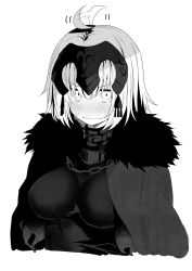 Rule 34 | ahoge, ahoge wag, blush, bob cut, breasts, chain, coat, commentary, commentary request, expressive hair, fate/grand order, fate (series), greyscale, highres, jeanne d&#039;arc (fate), jeanne d&#039;arc alter (avenger) (fate), jeanne d&#039;arc alter (avenger) (first ascension) (fate), jeanne d&#039;arc alter (fate), monochrome, solo, tanuki (siutkm0228), upper body