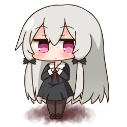 Rule 34 | 10s, 1girl, black dress, black footwear, blush, brown pantyhose, chibi, closed mouth, collarbone, collared dress, commentary request, dress, full body, grey hair, hair between eyes, hair ornament, hana kazari, hands up, jitome, long hair, long sleeves, looking at viewer, own hands together, pantyhose, purple eyes, shoes, solo, sophie twilight, standing, tonari no kyuuketsuki-san, very long hair, white background