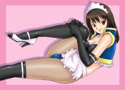 Rule 34 | 1girl, apron, bare shoulders, black pantyhose, breasts, brown hair, elbow gloves, gloves, high heels, leona asuka, lips, long hair, looking at viewer, maid, maid apron, maid headdress, medium breasts, original, pantyhose, red eyes, see-through, see-through legwear, shadow, shoes, smile, solo, thighhighs, thighhighs over pantyhose, uraharukon, vest