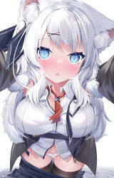 Rule 34 | 1girl, absurdres, animal ear fluff, animal ears, blue eyes, blue skirt, blush, breasts, clothes pull, collared shirt, fur trim, hair ornament, highres, incoming hug, konagi (konotuki), large breasts, leaning forward, long hair, looking at viewer, neckerchief, original, outstretched arms, panties, parted lips, partially unbuttoned, red neckerchief, shirt, simple background, skirt, skirt pull, solo, tail, thighhighs, underwear, water, wet, white background, white hair, white panties, white shirt, x hair ornament
