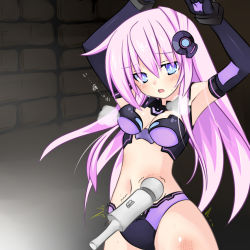Rule 34 | 10s, 1girl, :o, armpits, arms up, bad id, bad pixiv id, bdsm, black gloves, blush, bondage, bound, bound wrists, breasts, breasts apart, breath, brick wall, bruise, cleavage, cleavage cutout, clenched hand, clothing cutout, cowboy shot, crop top, cuffs, elbow gloves, eyes visible through hair, gloves, hair between eyes, hair ornament, halterneck, heavy breathing, hitachi magic wand, imminent rape, injury, light purple hair, long hair, looking at viewer, magical girl, meimu (infinity), midriff, moaning, motion lines, navel, nepgear, neptune (series), power symbol, power symbol-shaped pupils, purple eyes, purple hair, purple sister, sex toy, sidelocks, solo, solo focus, symbol-shaped pupils, tears, tickle torture, tickling, tickling stomach, torture, turtleneck, very long hair, vibrator