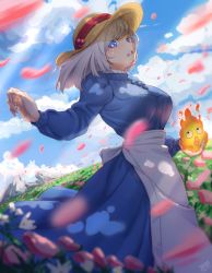 Rule 34 | 1girl, apron, artist name, blue dress, blue eyes, blue sleeves, blurry, blurry foreground, breasts, cloud, commentary request, curled fingers, dated, dress, fire, flower, hand up, hat, holding, howl no ugoku shiro, looking at viewer, medium hair, open mouth, outdoors, parted lips, petals, pointy nose, rock, shadow, shiro (user wegy5455), sky, solo, sophie (howl no ugoku shiro), spirit, standing, sun hat, white apron, white hair