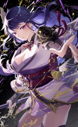 Rule 34 | 1girl, absurdres, braid, breasts, cleavage, closed mouth, floating hair, genshin impact, highres, holding, holding polearm, holding weapon, japanese clothes, kimono, long hair, looking at viewer, low-braided long hair, low-tied long hair, medium breasts, noes, polearm, purple eyes, purple hair, purple kimono, raiden shogun, short kimono, single braid, solo, thighhighs, very long hair, weapon, zettai ryouiki