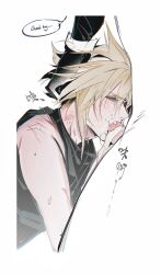 Rule 34 | 2boys, bangle, black gloves, blonde hair, blush, bracelet, chinese text, cloud strife, cum, english text, facial, fellatio, final fantasy, final fantasy vii, gloves, green eyes, half-closed eyes, hand in another&#039;s hair, highres, jewelry, long sleeves, male focus, multiple boys, neck blush, oral, partially colored, partially translated, ppking 8, sephiroth, short hair, shoulder blush, speech bubble, spiked hair, sweat, translation request, yaoi