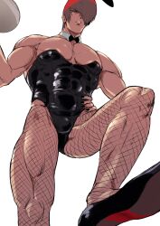 Rule 34 | 1boy, animal ears, beniazumaru, black bow, black bowtie, black footwear, black leotard, black nails, bow, bowtie, bulge, covered abs, detached collar, fake animal ears, fishnet pantyhose, fishnets, from below, hair over one eye, hand on own hip, high heels, highleg, highleg leotard, highres, holding, holding tray, large pectorals, leg up, leotard, looking down, male focus, male playboy bunny, muscular, muscular male, pantyhose, parted lips, pectoral cleavage, pectorals, playboy bunny, rabbit ears, red hair, skindentation, solo, strapless, strapless leotard, the king of fighters, tray, white background, yagami iori