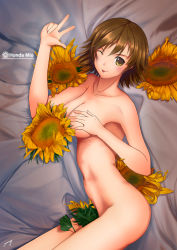 Rule 34 | 10s, 1girl, ;p, bad id, bad pixiv id, blush, breasts, brown eyes, brown hair, character name, covering privates, covering breasts, flower, highres, honda mio, idolmaster, idolmaster cinderella girls, j orange, looking at viewer, nude, one eye closed, short hair, smile, solo, sunflower, tongue, tongue out, w