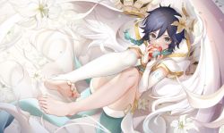 Rule 34 | 1boy, alternate costume, androgynous, apple, barefoot, black hair, blue eyes, blue hair, braid, bridal gauntlets, capelet, covered mouth, crop top, elbow gloves, feathered wings, feet, flower, food, fruit, fukuzawa yukichi (egoist867), genshin impact, gloves, gold trim, gradient hair, hair flower, hair ornament, highres, holding, holding food, holding fruit, hood, hooded capelet, looking at viewer, male focus, multicolored hair, short hair with long locks, shorts, single thighhigh, solo, thighhighs, toeless legwear, twin braids, venti (archon) (genshin impact), venti (genshin impact), white flower, white gloves, white shorts, white wings, wings