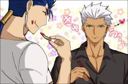 Rule 34 | 2boys, akujiki59, archer (fate), black shirt, blue hair, casual, chopsticks, contemporary, cu chulainn (fate), cu chulainn (fate/stay night), dark-skinned male, dark skin, eating, fate/stay night, fate (series), food, french fries, heart, looking at another, pectoral cleavage, male focus, multiple boys, official style, partially unbuttoned, pectorals, ponytail, red eyes, shirt, short hair, spiked hair, toned, toned male, translation request, upper body, white hair
