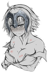 Rule 34 | 1girl, aftersex, ahoge, bare shoulders, blush, breasts, collarbone, embarrassed, eyebrows hidden by hair, fate/grand order, fate (series), greyscale, headpiece, hickey, highres, jeanne d&#039;arc (fate), jeanne d&#039;arc alter (avenger) (fate), jeanne d&#039;arc alter (fate), lipstick mark, looking at viewer, monochrome, open clothes, sanmoto gorouzaemon, shirt, short hair, simple background, solo, white background