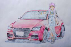 Rule 34 | 1girl, aria (manga), audi, audi tt, blue bow, blue bowtie, blue gloves, blush, bow, bowtie, car, closed mouth, cwind, dress, eyelashes, fingerless gloves, full body, gloves, gold trim, heel up, impossible clothes, impossible dress, looking at viewer, mizunashi akari, motor vehicle, parted bangs, pink hair, print dress, red car, sailor collar, short hair with long locks, short sleeves, single glove, sketch, smile, solo, sports car, traditional media, vehicle focus, white dress, white footwear