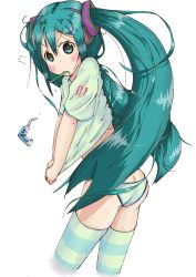 Rule 34 | 1girl, blush, butt crack, character name, hatsune miku, highres, long hair, looking at viewer, mouth hold, panties, solo, striped clothes, striped thighhighs, thighhighs, toothbrush, toothpaste, twintails, underwear, very long hair, vocaloid, white background, yashigani (08114)