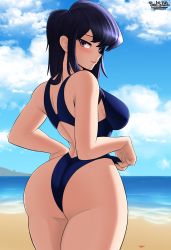 Rule 34 | 1girl, absurdres, adjusting clothes, adjusting swimsuit, among us, ass, beach, black hair, blush, cloud, cowboy shot, crab, crewmate (among us), curvy, from behind, from side, gluteal fold, hammerofsolace, highres, huge ass, komi-san wa komyushou desu, komi shouko, looking at viewer, looking back, medium hair, mountain, ocean, one-piece swimsuit, outdoors, parted lips, purple hair, shiny clothes, shiny skin, sidelocks, signature, solo, standing, swimsuit, thick thighs, thighs, waves, wedgie, wide hips
