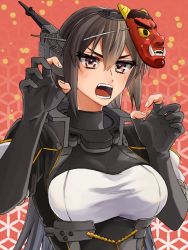 Rule 34 | 1girl, black gloves, black hair, blush, breasts, claw pose, eyelashes, gloves, hair between eyes, headgear, highres, kantai collection, large breasts, long hair, machi (ritovoyage), mask, mask on head, nagato (kancolle), nagato kai ni (kancolle), oni mask, open mouth, partially fingerless gloves, red background, setsubun, simple background, solo, upper body