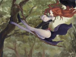 Rule 34 | 1girl, ass, bare shoulders, breasts, brown hair, cleavage, dragon&#039;s crown, dress, juju (poipoipui), midair, solo, sorceress (dragon&#039;s crown), staff, strapless, strapless dress, tree
