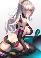 Rule 34 | 1girl, ass, back, bare shoulders, blush, boots, breasts, brick (atelier brick), butt crack, carmilla (fate), commission, curly hair, elbow gloves, fate/grand order, fate (series), gloves, grey hair, kneeling, large breasts, long hair, looking at viewer, looking back, pixiv commission, ponytail, race queen, sideboob, smile, solo, thigh boots, thighs, yellow eyes