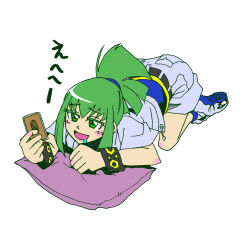 Rule 34 | 1boy, all fours, artist request, blush, full body, green hair, jacket, long hair, lua (yu-gi-oh!), naughty face, ponytail, saliva, saliva trail, sexually suggestive, shoes, shorts, smile, sneakers, solo, translation request, trap, white background, yellow eyes, yu-gi-oh!, yu-gi-oh! 5d&#039;s