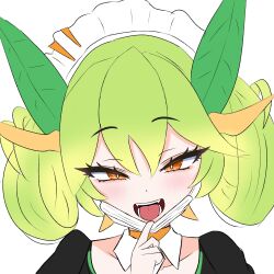 1girl absurdres close-up dragon_girl dragon_horns duel_monster green_eyes highres horns looking_at_viewer maid maid_headdress mask mouth_mask oldsickkim orange_eyes parlor_dragonmaid portrait pulling smile solo straight-on unfinished white_background yu-gi-oh!