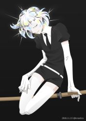 Rule 34 | 1other, androgynous, bad id, bad twitter id, black background, colored eyelashes, crystal hair, diamond (houseki no kuni), elbow gloves, gem uniform (houseki no kuni), gloves, glowing, glowing hair, highres, houseki no kuni, looking at viewer, multicolored eyes, multicolored hair, necktie, rainbow eyes, rainbow hair, short hair, smile, solo, sword, thighhighs, weapon