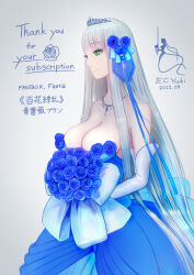 Rule 34 | 1girl, artist request, blue flower, blue rose, bouquet, breasts, cleavage, dress, flower, long hair, rose, tagme
