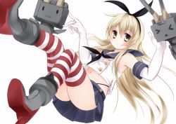 Rule 34 | &gt; &lt;, 10s, 1girl, :3, bad id, bad pixiv id, blonde hair, blue skirt, closed eyes, dan ball, elbow gloves, gloves, hairband, kantai collection, long hair, looking at viewer, navel, rensouhou-chan, shimakaze (kancolle), simple background, skirt, striped clothes, striped thighhighs, thighhighs, white background, white gloves, yellow eyes