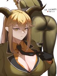 Rule 34 | 1girl, absurdres, arched back, arknights, armband, ass, belt, black gloves, black necktie, blonde hair, breasts, bright pupils, brown belt, brown horns, buckle, buttons, cameltoe, cleavage, closed mouth, collared shirt, commentary, degenbrecher (arknights), dress shirt, english text, epaulettes, expressionless, eyelashes, feet out of frame, from behind, gloves, goat girl, goat horns, green jacket, green pants, grey armband, hair between eyes, hair flowing over, hand up, highres, holding necktie, horns, jacket, lapels, large breasts, layered sleeves, leaning, leaning forward, lips, long bangs, long hair, long sleeves, looking at viewer, looking back, military, military jacket, military uniform, multiple views, necktie, notched lapels, orange shirt, pants, partially unbuttoned, ribbed pants, shade, shiny skin, shirt, sidelocks, simple background, snap-fit buckle, standing, straight hair, swept bangs, thigh belt, thigh strap, uniform, upper body, v-shaped eyebrows, white background, white pupils, wing collar, yat (tsmn7245), yellow eyes