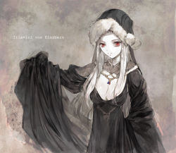 Rule 34 | 1girl, bad id, bad pixiv id, breasts, cleavage, dress, fate/zero, fate (series), hat, irisviel von einzbern, jewelry, kuzuvine, large breasts, long hair, necklace, red eyes, santa hat, solo, white hair