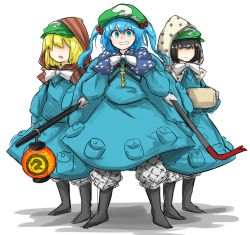 Rule 34 | 3girls, bad id, bad nicoseiga id, black footwear, black hair, blonde hair, blue eyes, blue hair, blue skirt, boots, bow, crowbar, dark haired kappa, faceless, faceless female, full body, gloves, grin, hair bobbles, hair ornament, hat, holding, holding crowbar, hood, kankan33333, kappa mob (touhou), kawashiro nitori, key, lantern, long sleeves, looking at viewer, multiple girls, pocket, polka dot, puffy long sleeves, puffy sleeves, simple background, skirt, smile, standing, teeth, touhou, two side up, white background, white bow, white gloves
