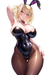 Rule 34 | 1girl, alternate costume, animal ears, arm up, armpits, azur lane, black leotard, blonde hair, bow, bowtie, breasts, brown pantyhose, cleavage, closed mouth, covered navel, cowboy shot, detached collar, fake animal ears, highres, large breasts, leipzig (azur lane), leotard, looking at viewer, nail polish, pantyhose, playboy bunny, rabbit ears, red bow, red bowtie, short hair, simple background, smile, studiopokotan, thigh gap, thighs, white background, wrist cuffs