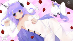 Rule 34 | 1girl, ahoge, azur lane, bed, bed sheet, bow, clothing cutout, collarbone, commentary request, detached sleeves, dress, dress bow, hair ribbon, highres, jewelry, long hair, looking at viewer, lying, navel, off-shoulder dress, off shoulder, panties, petals, pillow, purple eyes, purple hair, ribbon, ring, see-through, shikimiya tae, side cutout, solo, stuffed animal, stuffed toy, stuffed unicorn, stuffed winged unicorn, teddy bear, thighhighs, underwear, unicorn (azur lane), very long hair, wedding band, white dress, white panties, white thighhighs