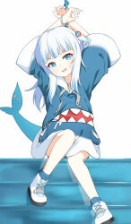 Rule 34 | 1girl, animal hood, arms up, blue eyes, blue hair, blue hoodie, blunt bangs, cuffs, fins, fish tail, gawr gura, gawr gura (1st costume), grey hair, hair ornament, handcuffs, highres, hololive, hololive english, hood, hoodie, long hair, long sleeves, medium hair, multicolored hair, no pants, polearm, restrained, shark girl, shark hair ornament, shark hood, shark tail, sharp teeth, shoes, sleeves past wrists, sneakers, solo, streaked hair, tail, teeth, trident, twintails, two side up, ugaaaa1, virtual youtuber, weapon, white footwear, wide sleeves