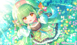 Rule 34 | 1girl, ahoge, angelic link, animal, bare shoulders, breasts, brown eyes, bug, butterfly, character request, collarbone, commentary request, copyright notice, day, detached sleeves, dress, flower, frilled dress, frills, from above, green dress, green hair, hair flaps, hair ornament, hairclip, hands up, ikari (aor3507), insect, long hair, long sleeves, looking at viewer, looking up, official art, on ground, open mouth, outdoors, pink flower, puffy long sleeves, puffy sleeves, small breasts, solo, sunlight, very long hair, watermark, wavy mouth, white flower, white sleeves, yellow flower