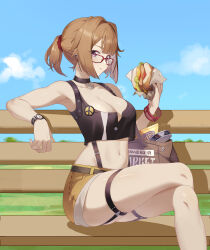 Rule 34 | 1girl, :t, absurdres, bag, bare arms, bare legs, bare shoulders, bench, black tank top, blue sky, breasts, brown hair, burger, cleavage, cloud, commentary request, commission, crop top, day, feet out of frame, food, girls&#039; frontline, glasses, grizzly mkv (girls&#039; frontline), hand up, highres, holding, holding food, large breasts, looking at viewer, midriff, navel, no.1 machine, ponytail, purple eyes, red-framed eyewear, second-party source, short hair, short shorts, shorts, sitting, sky, solo, stomach, tank top, thigh strap, thighs, watch, wristwatch, yellow shorts