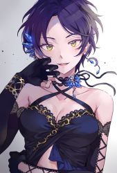 Rule 34 | 1girl, asymmetrical gloves, backlighting, bare shoulders, black hair, blush, breasts, choker, cleavage, collarbone, criss-cross halter, dress, ear piercing, earrings, elbow gloves, gloves, gradient background, hair ornament, halterneck, hayami kanade, idolmaster, idolmaster cinderella girls, idolmaster cinderella girls starlight stage, inzup, jewelry, looking at viewer, medium breasts, parted bangs, parted lips, piercing, short hair, single earring, sleeveless, sleeveless dress, smile, solo, uneven gloves, upper body, yellow eyes