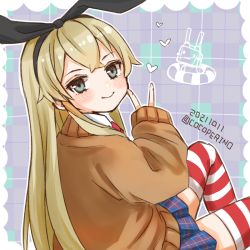 Rule 34 | 1girl, alternate costume, blonde hair, blue skirt, brown jacket, cocoperino, dated, grey eyes, jacket, kantai collection, long hair, looking at viewer, one-hour drawing challenge, plaid, plaid background, plaid skirt, rensouhou-chan, shimakaze (kancolle), sitting, skirt, sleeves past wrists, solo, striped clothes, striped thighhighs, thighhighs, twitter username, v