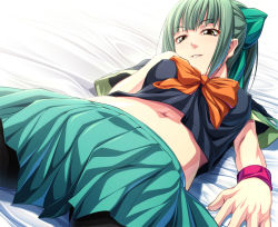 Rule 34 | 10s, 1girl, bow, breasts, brown eyes, chozuru, covered erect nipples, green hair, hair bow, kantai collection, md5 mismatch, medium breasts, midriff, navel, pantyhose, parted lips, personification, ponytail, resolution mismatch, school uniform, serafuku, short hair, skirt, smile, solo, source larger, yuubari (kancolle)