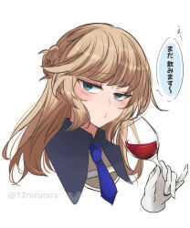 Rule 34 | 1girl, alcohol, blonde hair, blue eyes, blue necktie, commentary request, cup, drinking glass, gloves, hair bun, highres, kantai collection, long hair, necktie, ranger (kancolle), simple background, solo, tonome (rururara), translation request, upper body, white background, white gloves, wine, wine glass