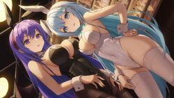 Rule 34 | 2girls, animal ears, bare arms, black leotard, black pantyhose, blue eyes, blue hair, blue nails, breasts, cleavage, commentary, covered navel, cowboy shot, dutch angle, fake animal ears, frown, h.live, hair ornament, hairband, hairclip, halonakoma9, hand on own hip, highres, indoors, kefilia neil, large breasts, leotard, long hair, luna neige, multiple girls, nail polish, open mouth, pantyhose, playboy bunny, purple eyes, purple hair, rabbit ears, rabbit hair ornament, red nails, standing, strapless, strapless leotard, thighband pantyhose, thighhighs, very long hair, virtual youtuber, white hairband, white leotard, white thighhighs, wrist cuffs